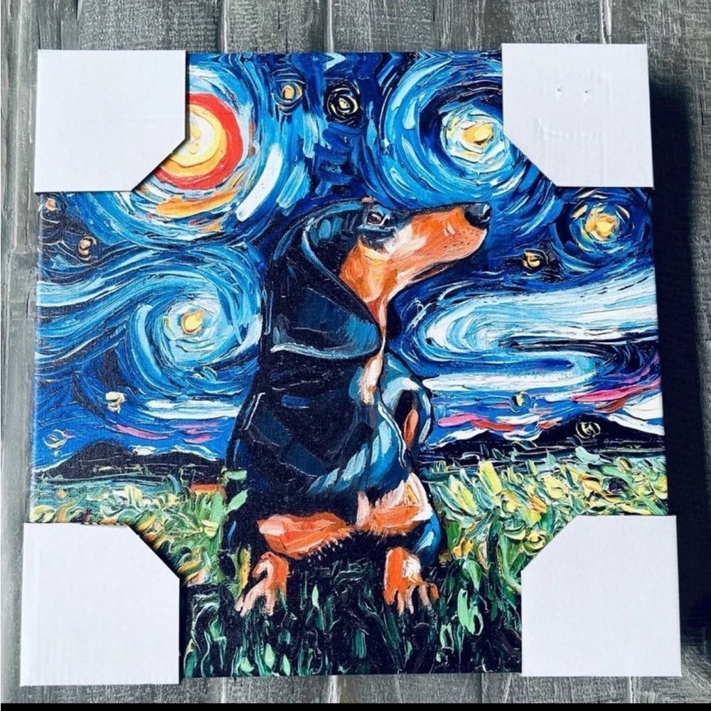 Dachshund Dog Starry Night Van Gogh Canvas Painting Wall Art Decor